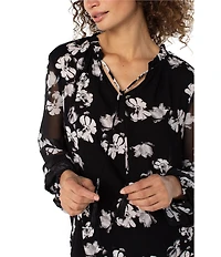 Liverpool Los Angeles Crepe Georgette Floral Print V-Neck Tassel Tie Long Sleeve Blouse