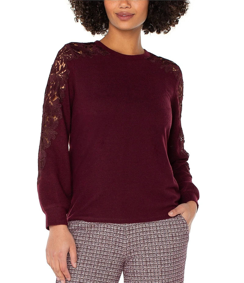 Liverpool Los Angeles Crew Neck Long Soft Lace Inset Sleeve Top