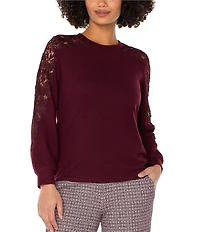 Liverpool Los Angeles Crew Neck Long Soft Lace Inset Sleeve Top