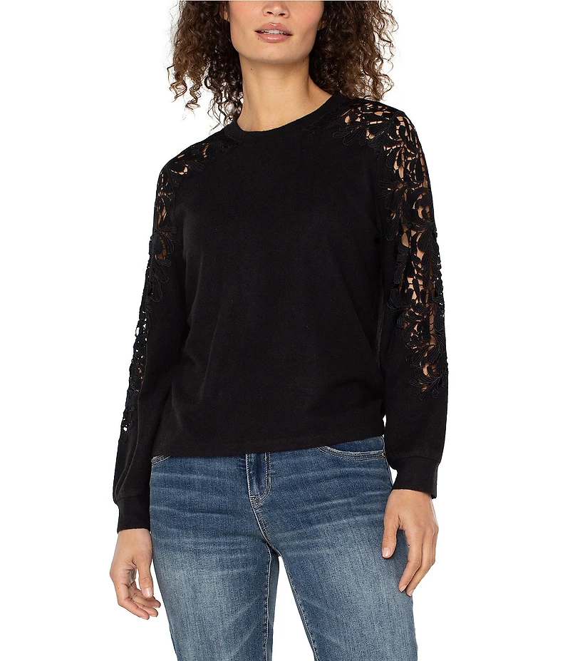 Liverpool Los Angeles Crew Neck Long Soft Lace Inset Sleeve Top