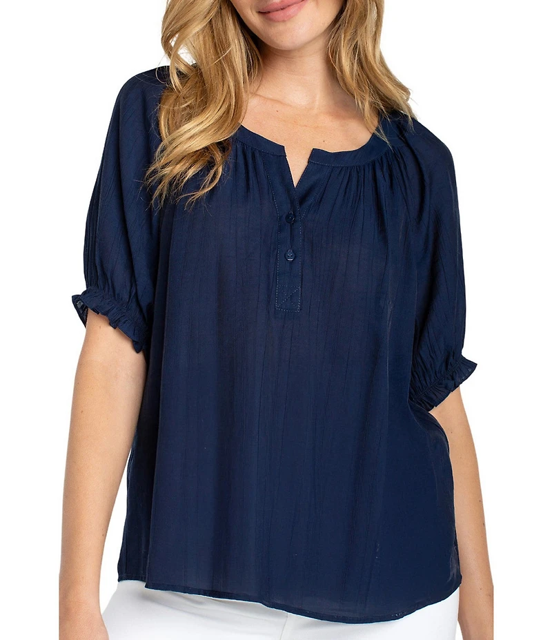 Liverpool Los Angeles Crinkle Woven Split V-Neck Short Sleeve Blouse