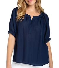 Liverpool Los Angeles Crinkle Woven Split V-Neck Short Sleeve Blouse