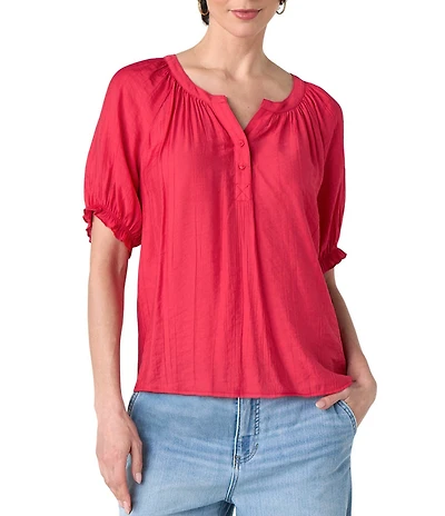 Liverpool Los Angeles Crinkle Woven Split V-Neck Short Sleeve Blouse