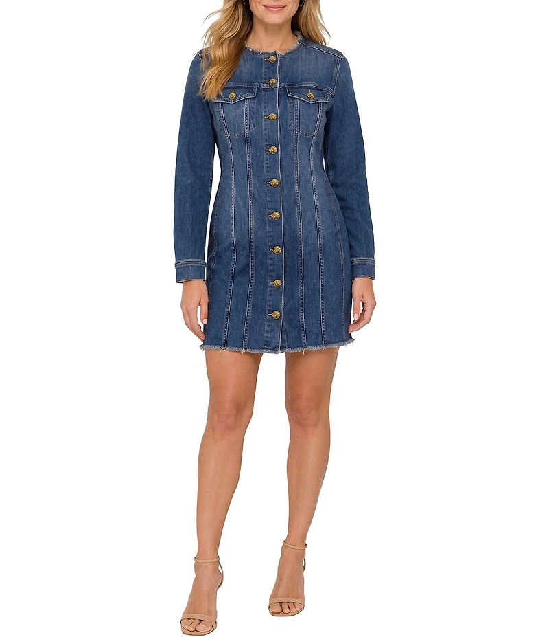 Liverpool Los Angeles Denim Collarless Long Sleeve Trucker Dress