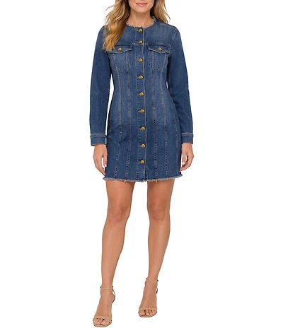 Liverpool Los Angeles Denim Collarless Long Sleeve Trucker Dress