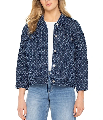 Liverpool Los Angeles Denim Point Collar 3/4 Sleeve Cropped Trucker Jacket