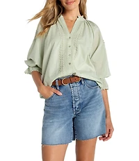 Liverpool Los Angeles Embroidered Split V-Neck 3/4 Sleeve Button Front Blouse