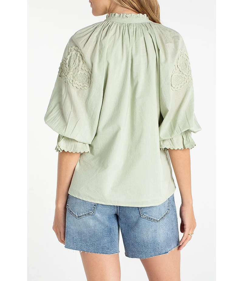 Liverpool Los Angeles Embroidered Split V-Neck 3/4 Sleeve Button Front Blouse