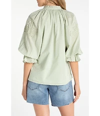 Liverpool Los Angeles Embroidered Split V-Neck 3/4 Sleeve Button Front Blouse