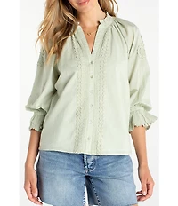 Liverpool Los Angeles Embroidered Split V-Neck 3/4 Sleeve Button Front Blouse