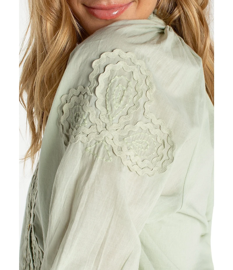 Liverpool Los Angeles Embroidered Split V-Neck 3/4 Sleeve Button Front Blouse