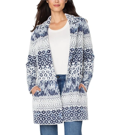 Liverpool Los Angeles Feather Jacquard Notch Collar Long Sleeve Open Front Cardigan