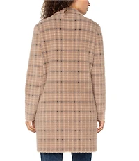 Liverpool Los Angeles Feather Jacquard Plaid Print Notch Collar Long Sleeve Open Front Jacket
