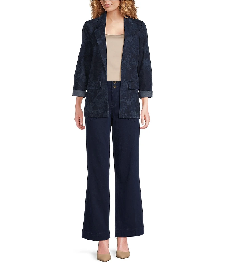 Liverpool Los Angeles Floral Peak Lapel Collar 3/4 Roll Sleeve Open-Front Polished Denim Boyfriend Blazer
