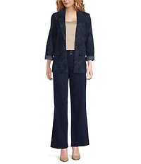 Liverpool Los Angeles Floral Peak Lapel Collar 3/4 Roll Sleeve Open-Front Polished Denim Boyfriend Blazer