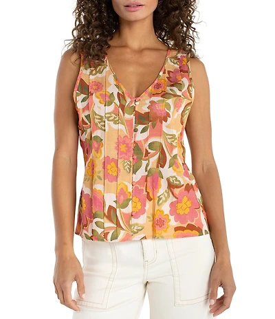 Liverpool Los Angeles Floral Print V-Neck Sleeveless Pintuck Top