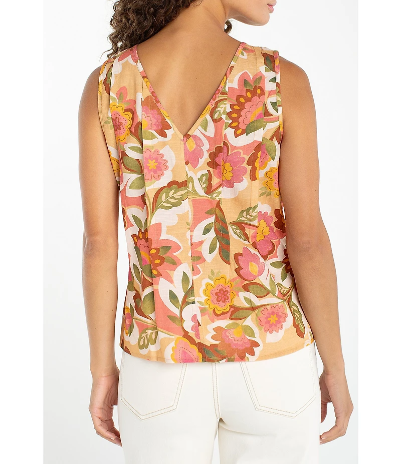 Liverpool Los Angeles Floral Print V-Neck Sleeveless Pintuck Top