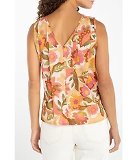 Liverpool Los Angeles Floral Print V-Neck Sleeveless Pintuck Top