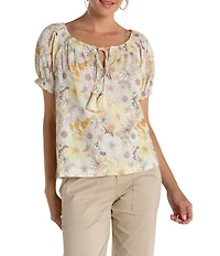 Liverpool Los Angeles Floral Scoop Neck Short Sleeve Tassel Tie Top