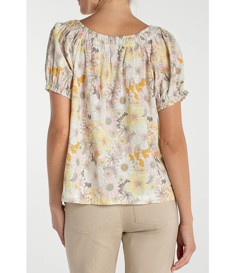 Liverpool Los Angeles Floral Scoop Neck Short Sleeve Tassel Tie Top