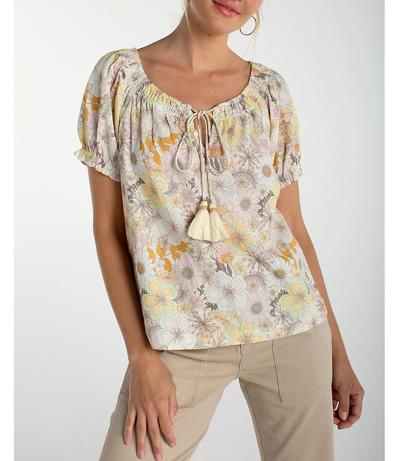 Liverpool Los Angeles Floral Scoop Neck Short Sleeve Tassel Tie Top