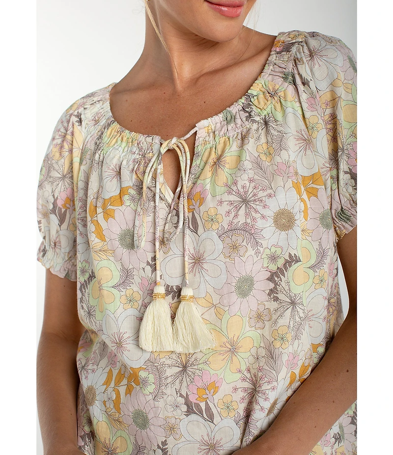 Liverpool Los Angeles Floral Scoop Neck Short Sleeve Tassel Tie Top