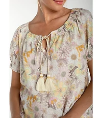 Liverpool Los Angeles Floral Scoop Neck Short Sleeve Tassel Tie Top