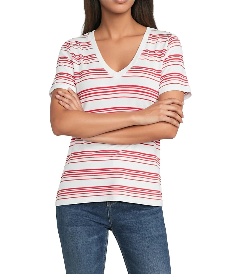 Liverpool Los Angeles French Terry Knit Stripe V-Neck Short Sleeve Tee