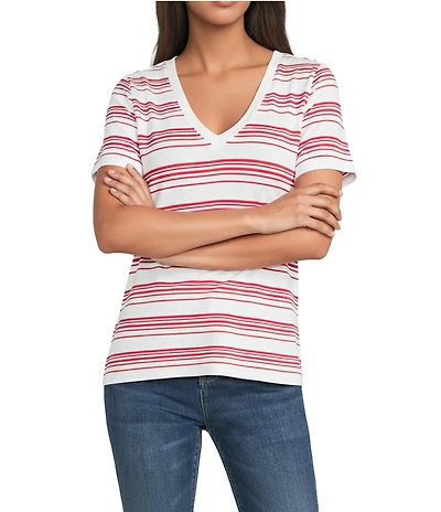 Liverpool Los Angeles French Terry Knit Stripe V-Neck Short Sleeve Tee