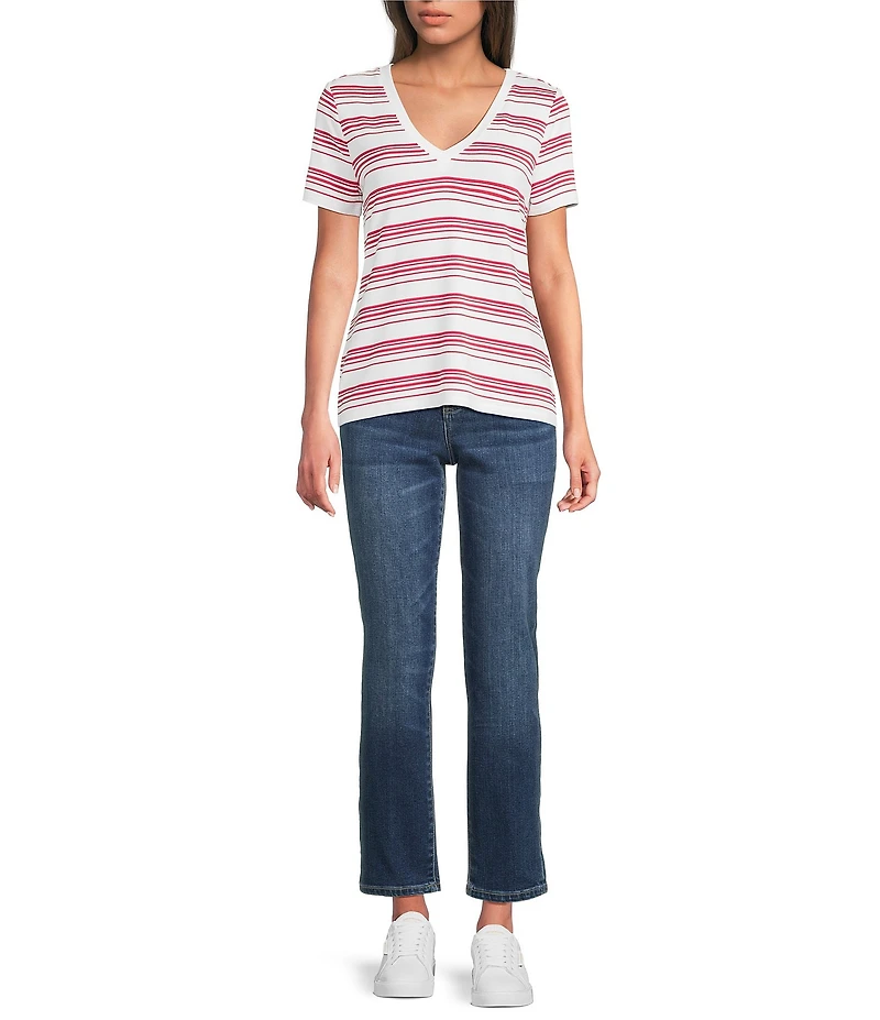 Liverpool Los Angeles French Terry Knit Stripe V-Neck Short Sleeve Tee