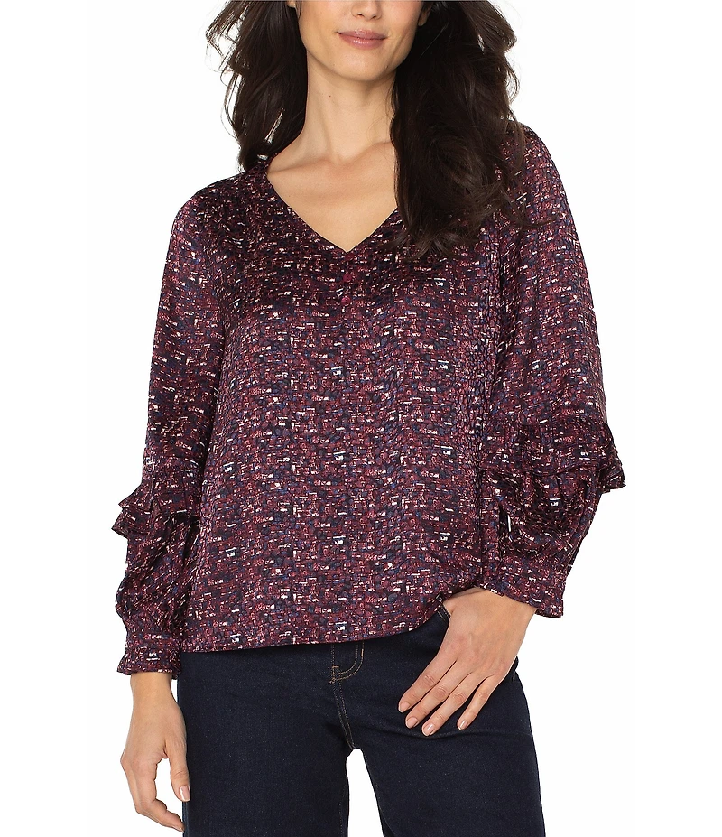 Liverpool Los Angeles Jacquard Abstract Dot Print V-Neck Long Sleeve Blouse