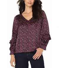 Liverpool Los Angeles Jacquard Abstract Dot Print V-Neck Long Sleeve Blouse