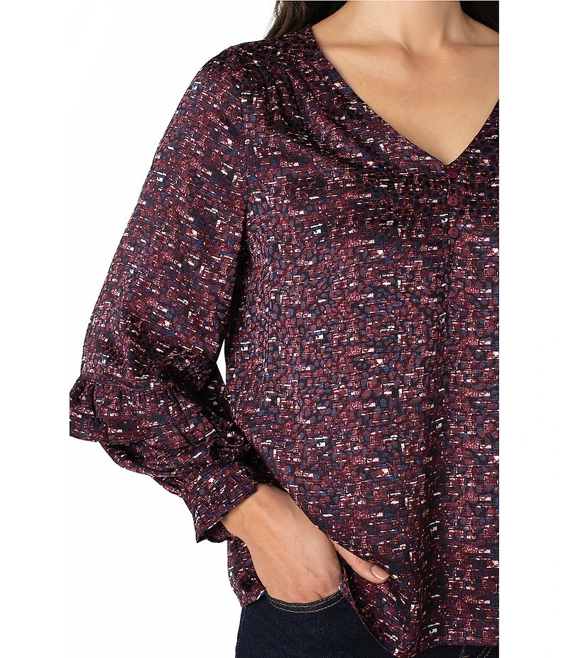 Liverpool Los Angeles Jacquard Abstract Dot Print V-Neck Long Sleeve Blouse