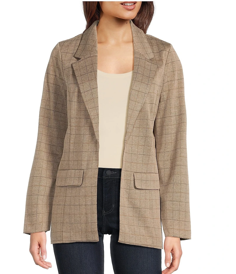Liverpool Los Angeles Jacquard Grid Check Notch Lapel Long Sleeve Open-Front Boyfriend Blazer