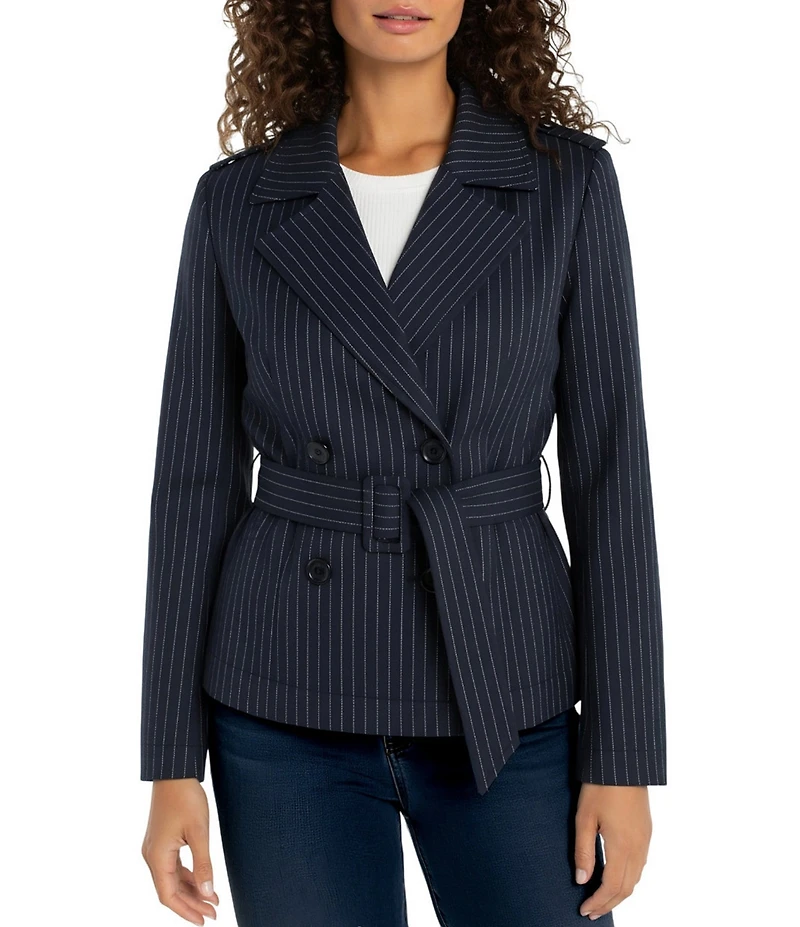 Liverpool Los Angeles Jacquard Knit Pinstripe Notch Collar Long Sleeve Belted Cropped Trench Jacket