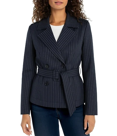Liverpool Los Angeles Jacquard Knit Pinstripe Notch Collar Long Sleeve Belted Cropped Trench Jacket