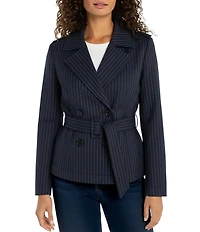 Liverpool Los Angeles Jacquard Knit Pinstripe Notch Collar Long Sleeve Belted Cropped Trench Jacket