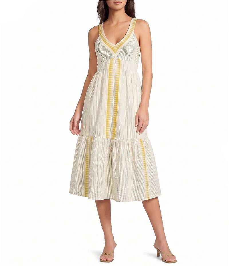 Liverpool Los Angeles Jacquard Stripe V-Neck Sleeveless Midi Dress