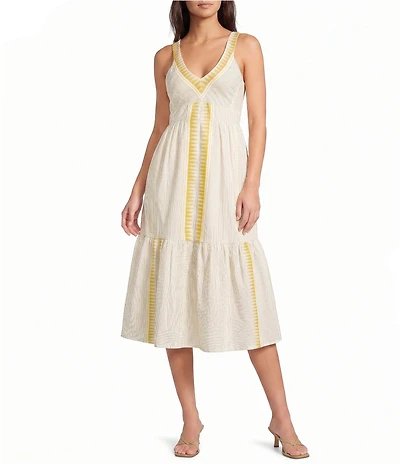Liverpool Los Angeles Jacquard Stripe V-Neck Sleeveless Midi Dress