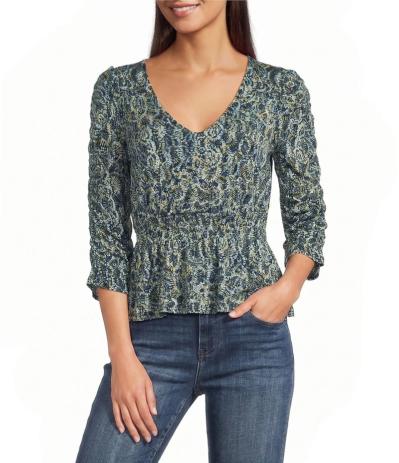 Liverpool Los Angeles Jersey Knit Gold Shirring V-Neck 3/4 Sleeve Top