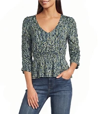 Liverpool Los Angeles Jersey Knit Gold Shirring V-Neck 3/4 Sleeve Top