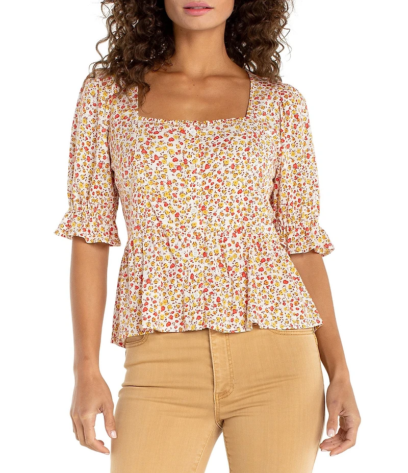 Liverpool Los Angeles Jersey Knit Print Square Neck Short Sleeve Peplum Top