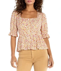 Liverpool Los Angeles Jersey Knit Print Square Neck Short Sleeve Peplum Top