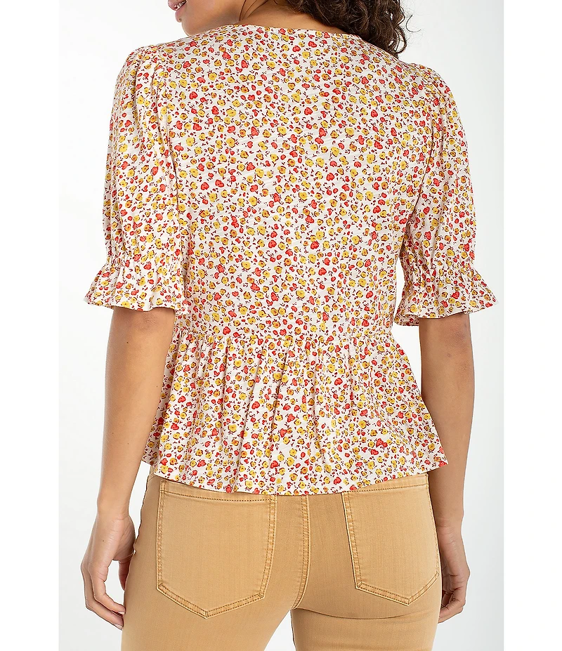 Liverpool Los Angeles Jersey Knit Print Square Neck Short Sleeve Peplum Top