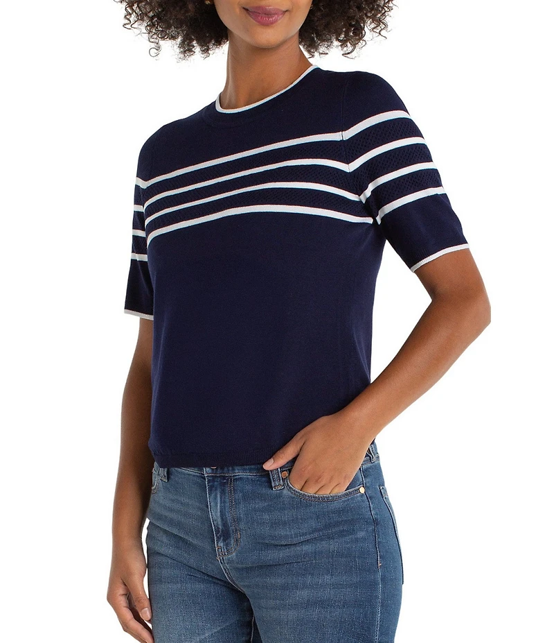 Liverpool Los Angeles Jersey Knit Stripe Ribbed Crew Neck Short Sleeve Sweater Top