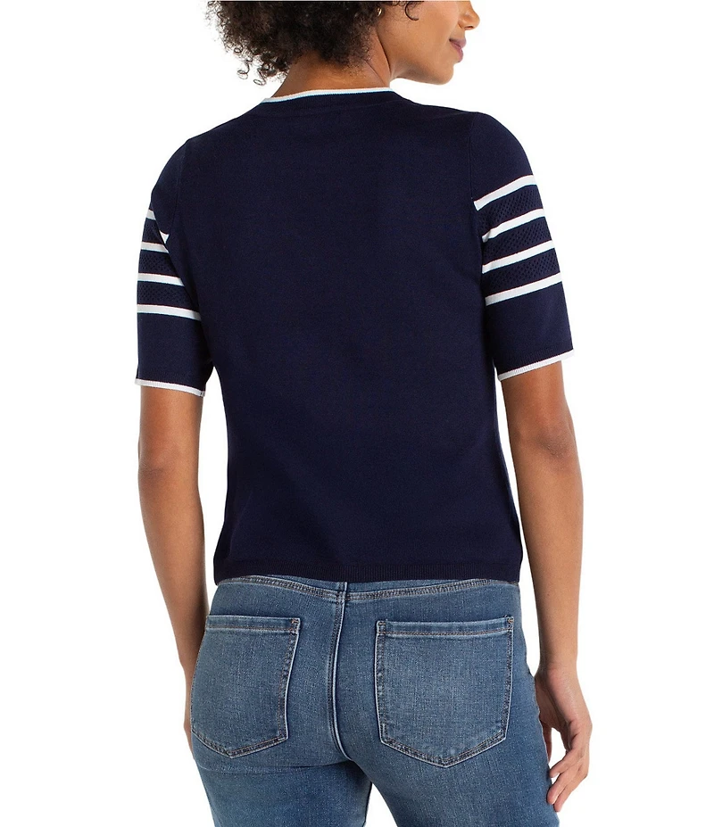 Liverpool Los Angeles Jersey Knit Stripe Ribbed Crew Neck Short Sleeve Sweater Top