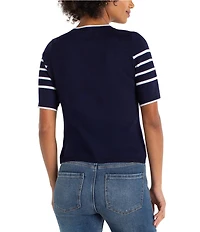 Liverpool Los Angeles Jersey Knit Stripe Ribbed Crew Neck Short Sleeve Sweater Top