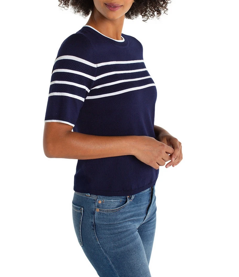 Liverpool Los Angeles Jersey Knit Stripe Ribbed Crew Neck Short Sleeve Sweater Top