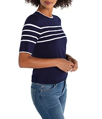 Liverpool Los Angeles Jersey Knit Stripe Ribbed Crew Neck Short Sleeve Sweater Top