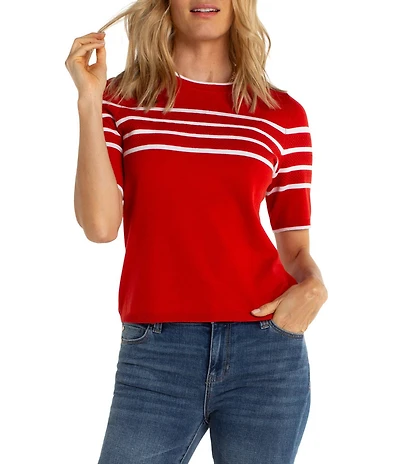 Liverpool Los Angeles Jersey Knit Stripe Ribbed Crew Neck Short Sleeve Sweater Top